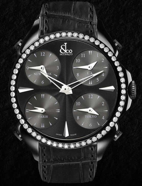 Jacob & Co PALATIAL FIVE TIME ZONE BLACK PVD COATING WHITE DIAMONDS PZ500.11.RO.LA.A Replica watch
